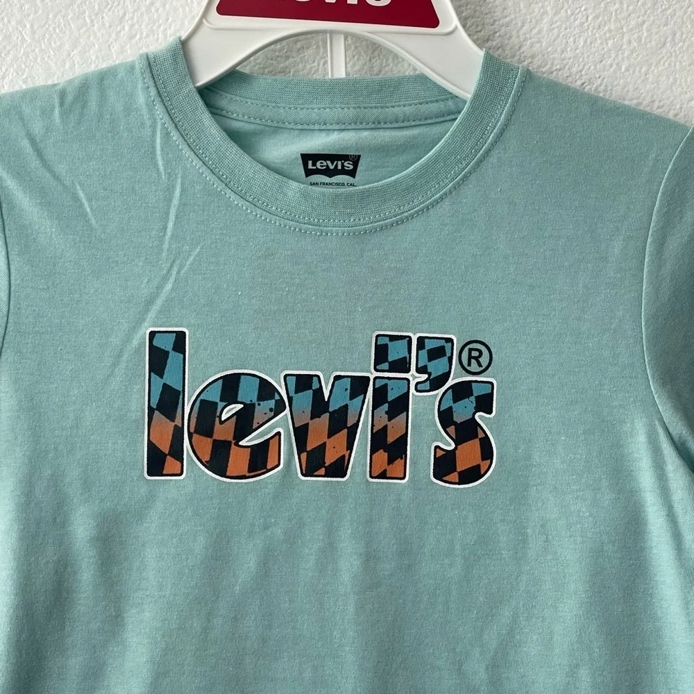 LEVI'S Boys Two Piece Set  T-Shirt Light Blue Denim Shorts Outfit Summer Sz 7